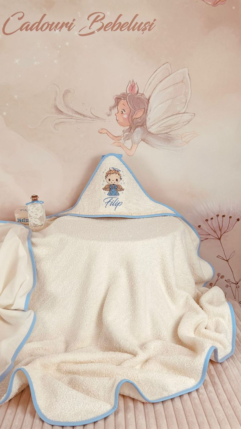 Trusou Botez din MUSELINA Ingeras Bleu cu cos - Set Biserica