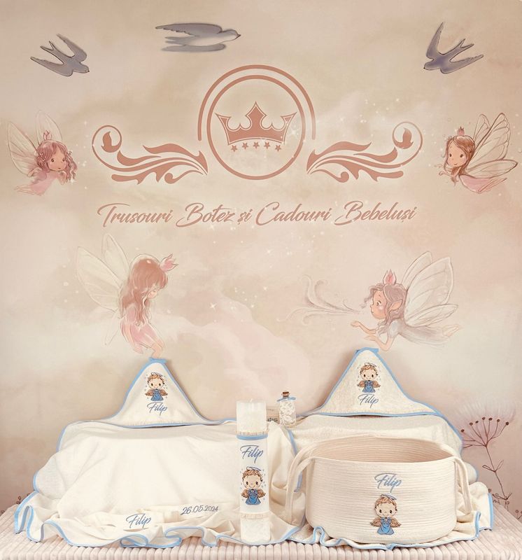 Trusou Botez din MUSELINA Ingeras Bleu cu cos - Set Biserica Trusou Botez din MUSELINA Ingeras Bleu cu cos - Set Biserica