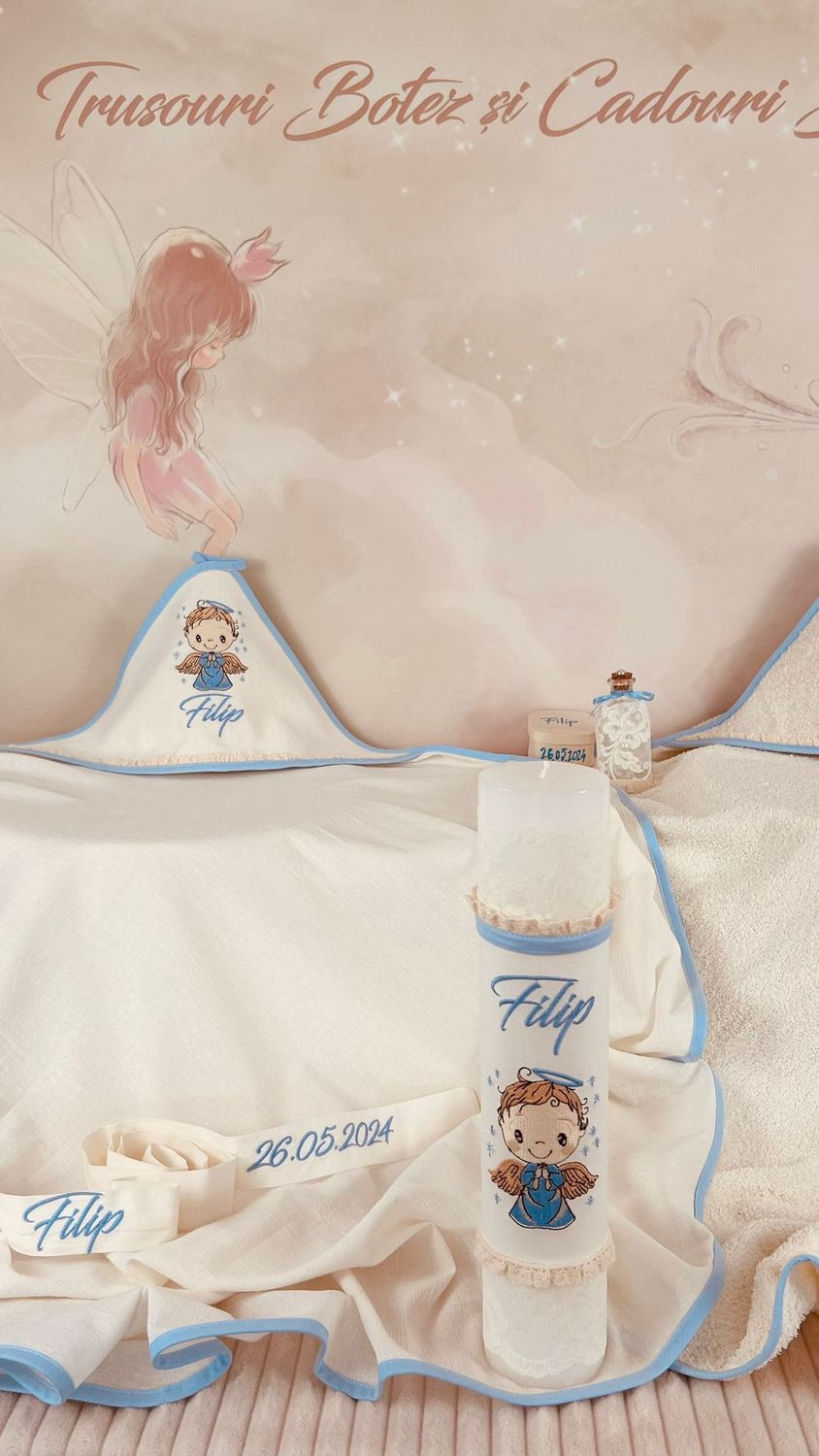 Trusou Botez din MUSELINA Ingeras Bleu cu cos - Set Biserica