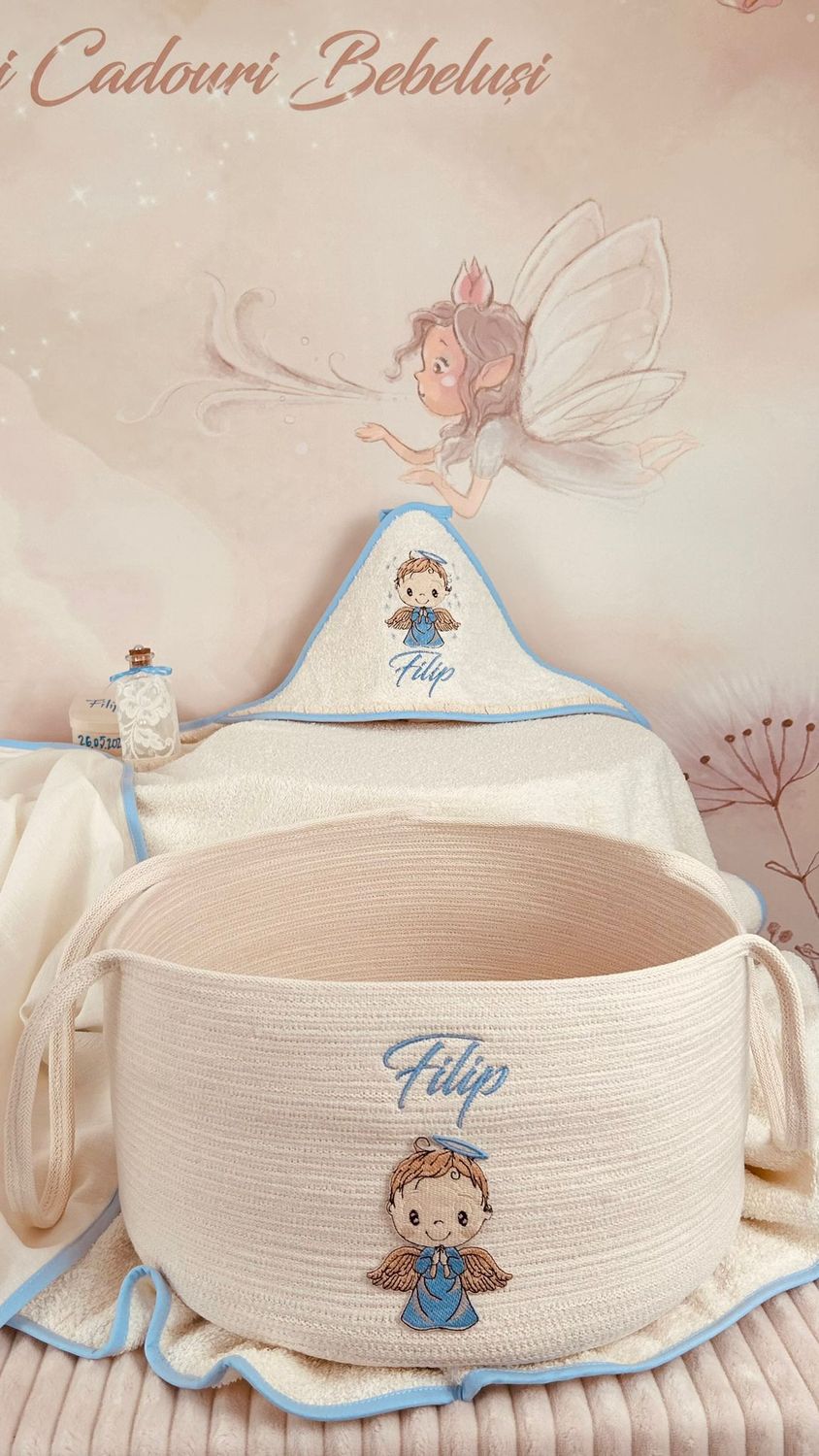 Trusou Botez din MUSELINA Ingeras Bleu cu cos - Set Biserica