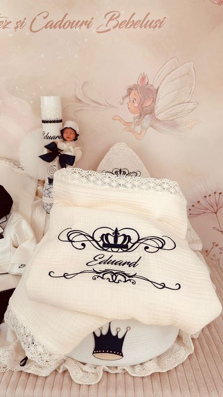 Trusou Botez Muselina Regal bleumarin - Set Personalizat