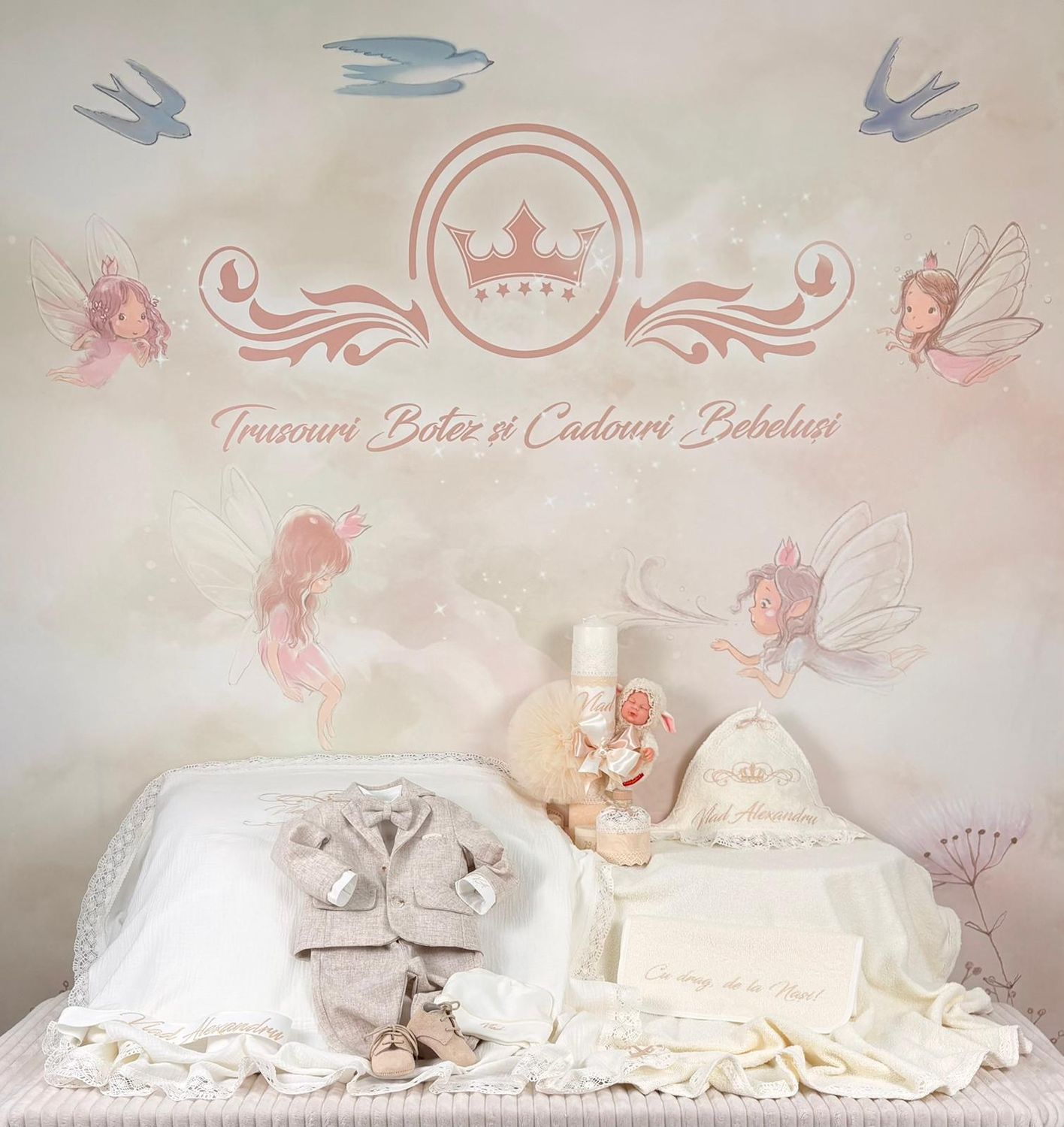 Trusou Botez Personalizat Muselina Regal Vlad  - Set Biserica