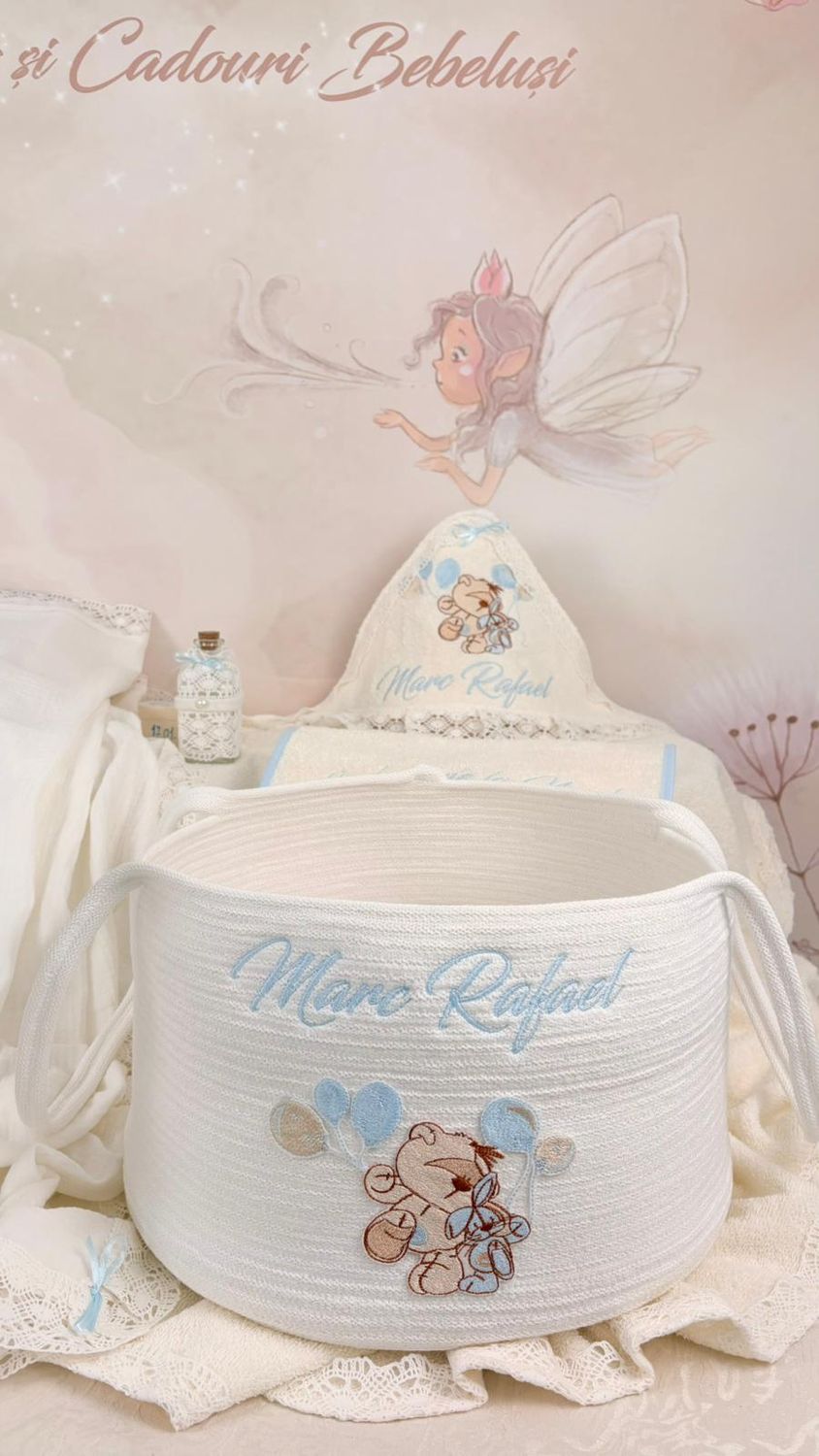 Trusou Botez Muselina Urs cu Baloane bleu - Set Biserica