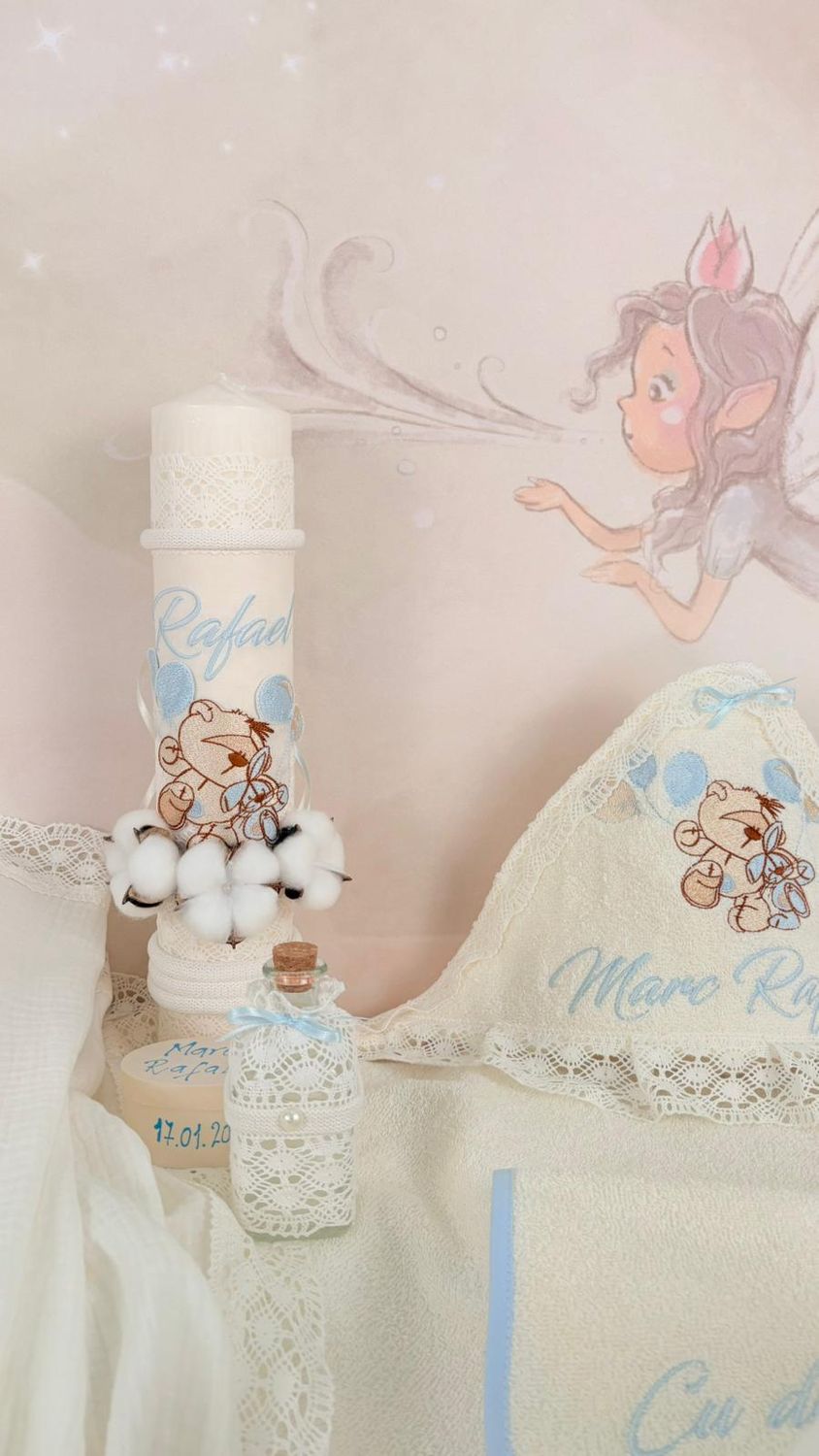 Trusou Botez Muselina Urs cu Baloane bleu - Set Biserica