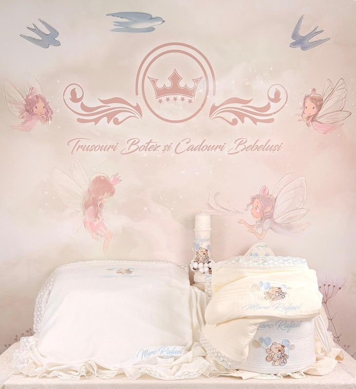 Trusou Botez Muselina Urs cu Baloane bleu - Set Biserica Trusou Botez Muselina Urs cu Baloane bleu - Set Biserica