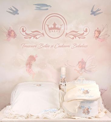 Trusou Botez Muselina Urs cu Baloane bleu - Set Biserica Trusou Botez Muselina Urs cu Baloane bleu - Set Biserica