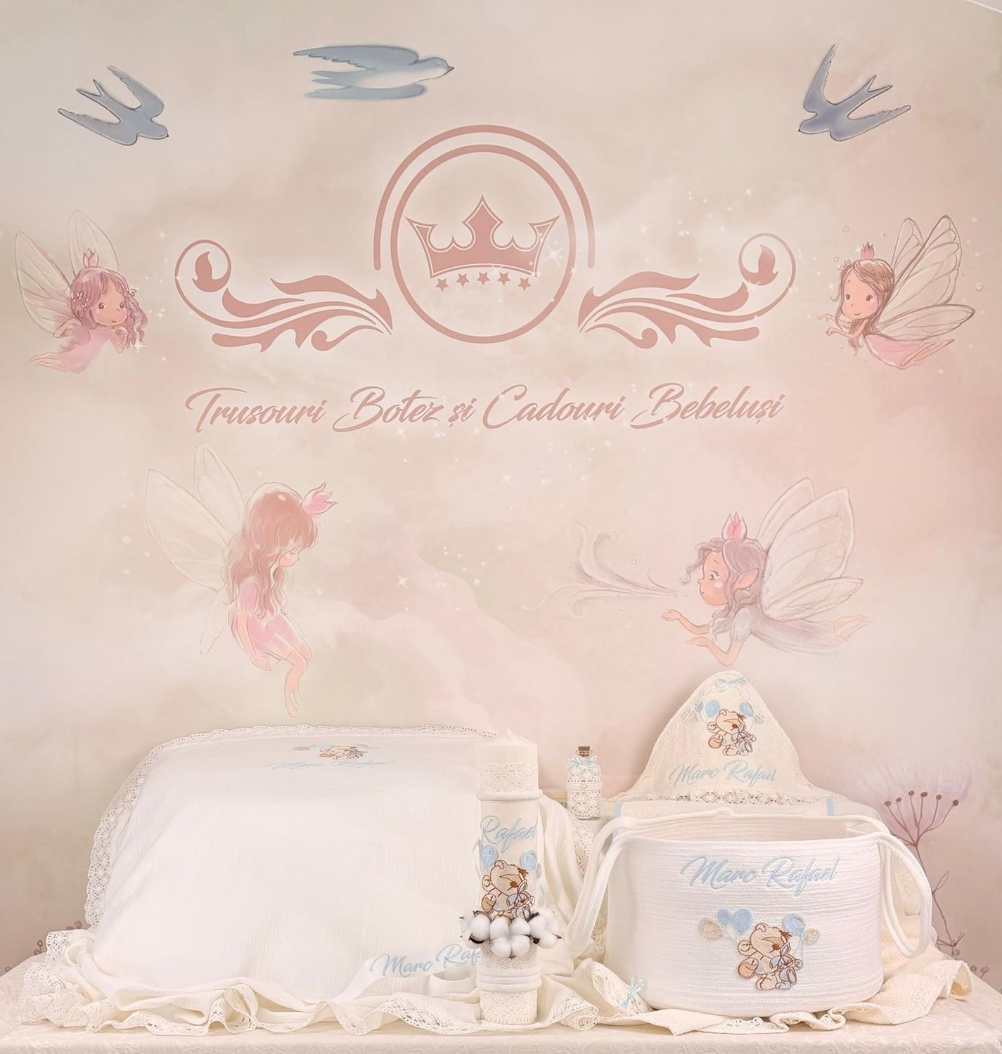 Trusou Botez Muselina Urs cu Baloane bleu - Set Biserica