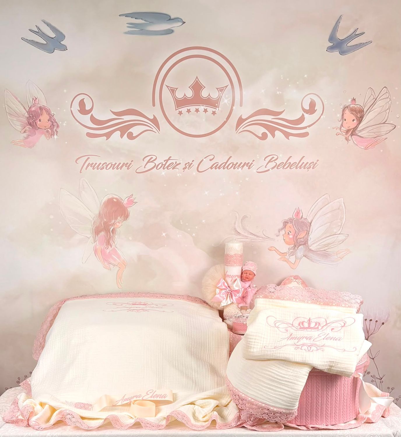 Trusou Botez Muselina Regal roz - Set Biserica Personalizat