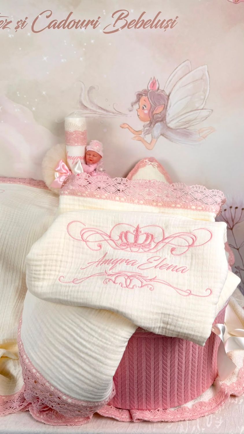 Trusou Botez Muselina Regal roz - Set Biserica Personalizat
