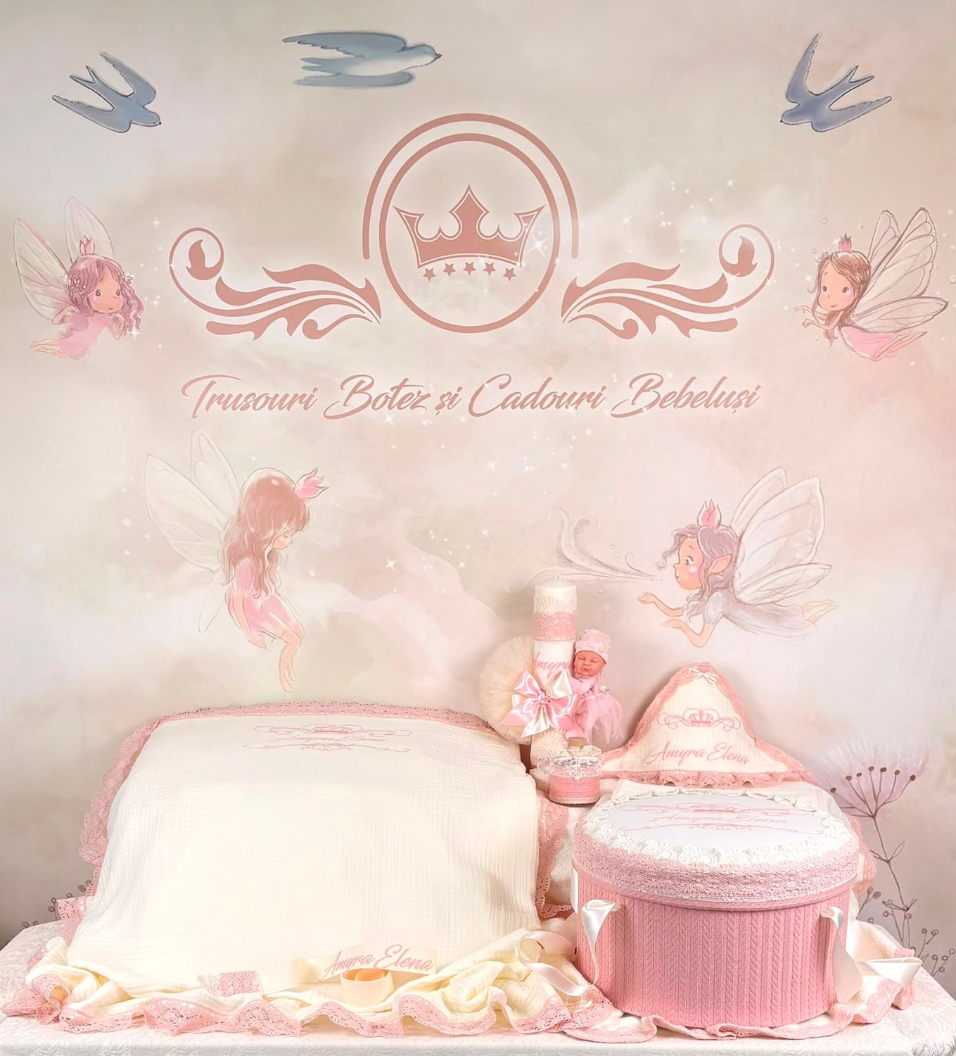 Trusou Botez Muselina Regal roz - Set Biserica Personalizat