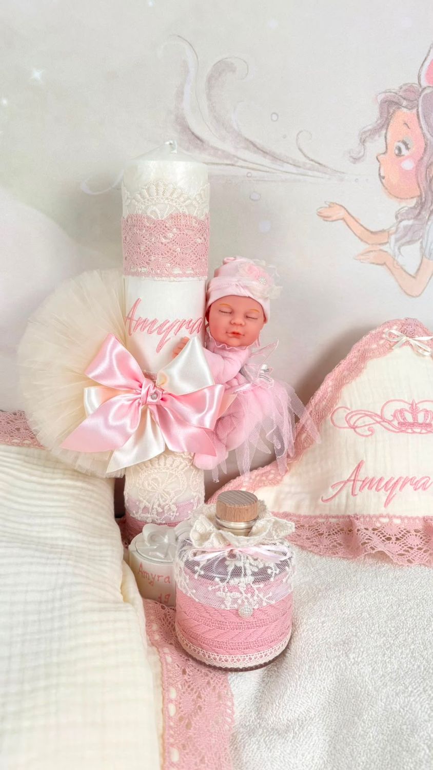 Trusou Botez Muselina Regal roz - Set Biserica Personalizat