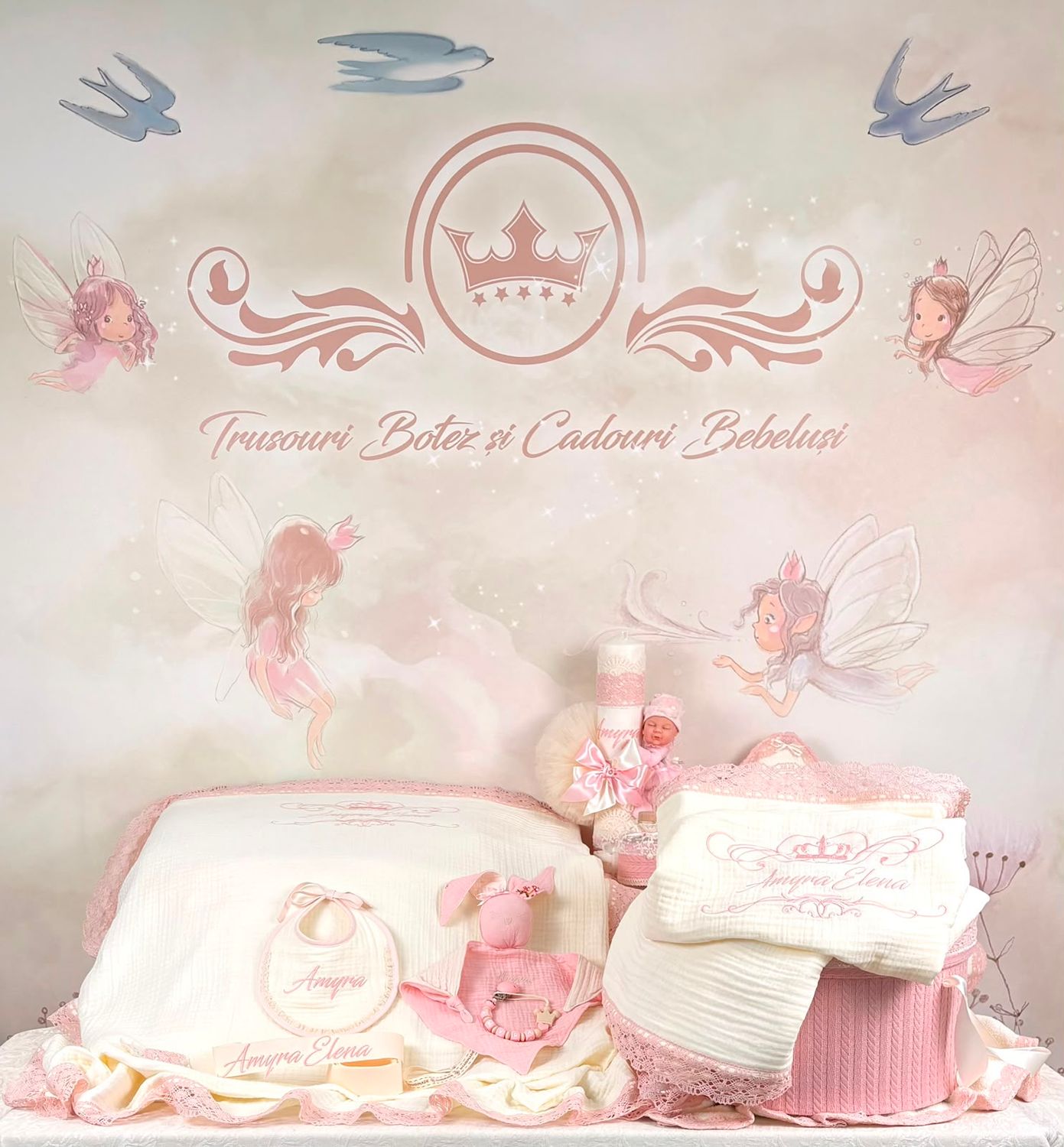 Trusou Botez Muselina Regal roz - Set Biserica Personalizat