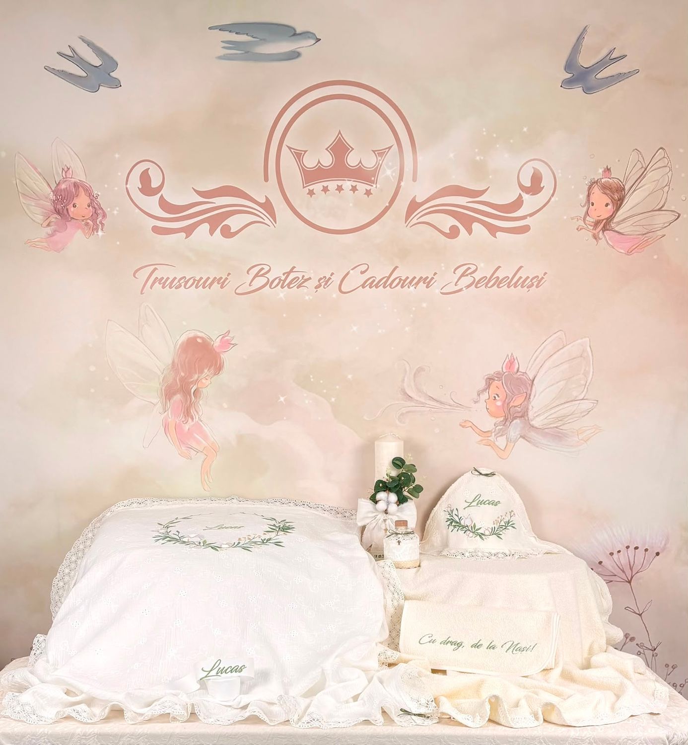 Trusou Botez  Muselina Eucalipt - Set Biserica Personalizat