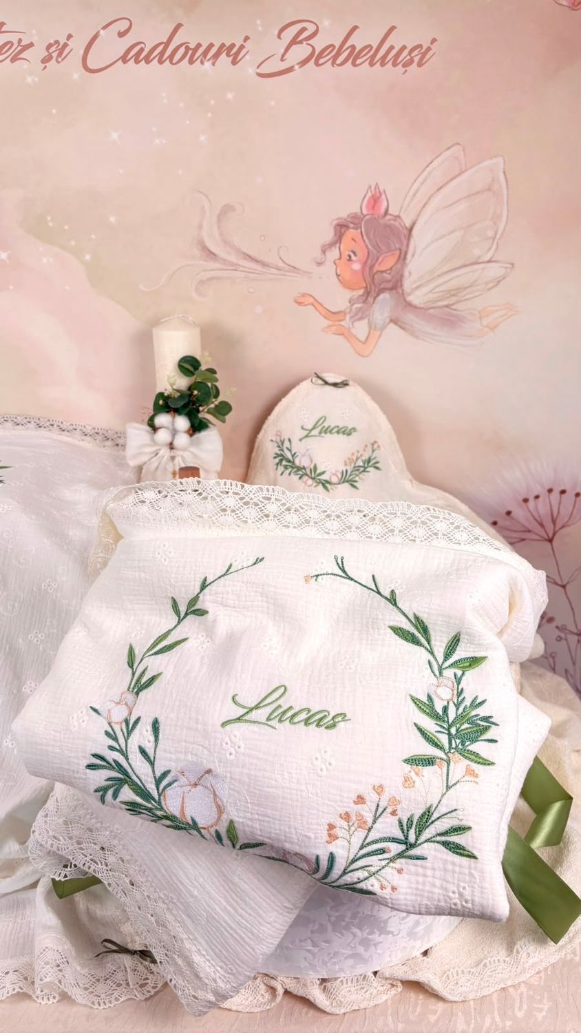 Trusou Botez  Muselina Eucalipt - Set Biserica Personalizat