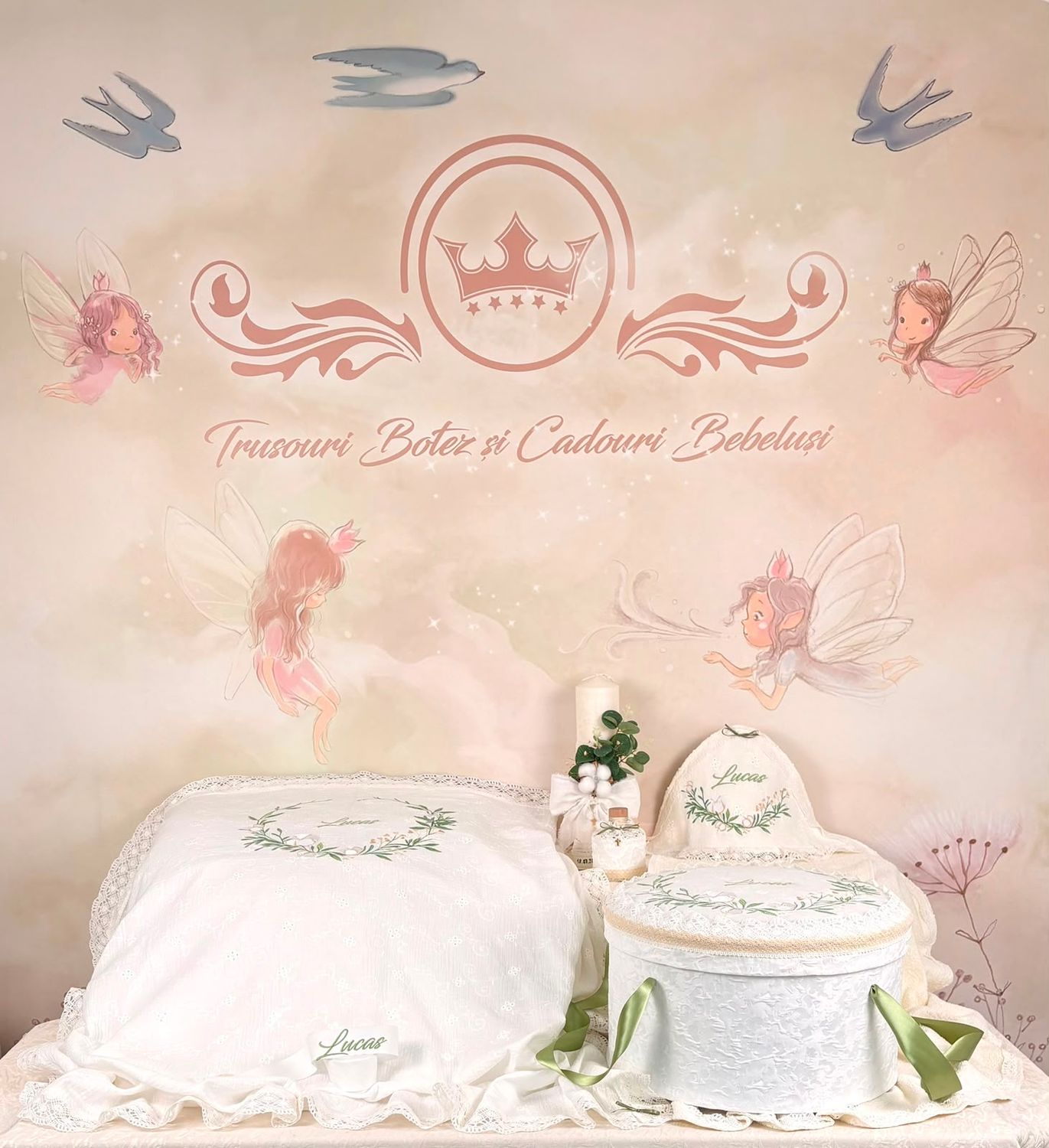 Trusou Botez  Muselina Eucalipt - Set Biserica Personalizat