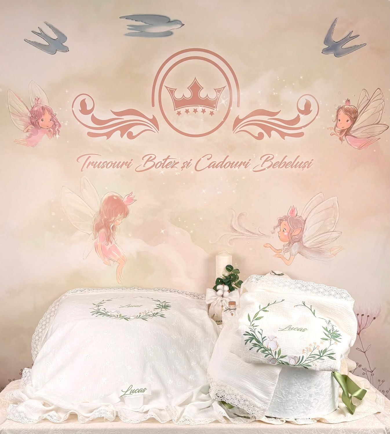 Trusou Botez  Muselina Eucalipt - Set Biserica Personalizat