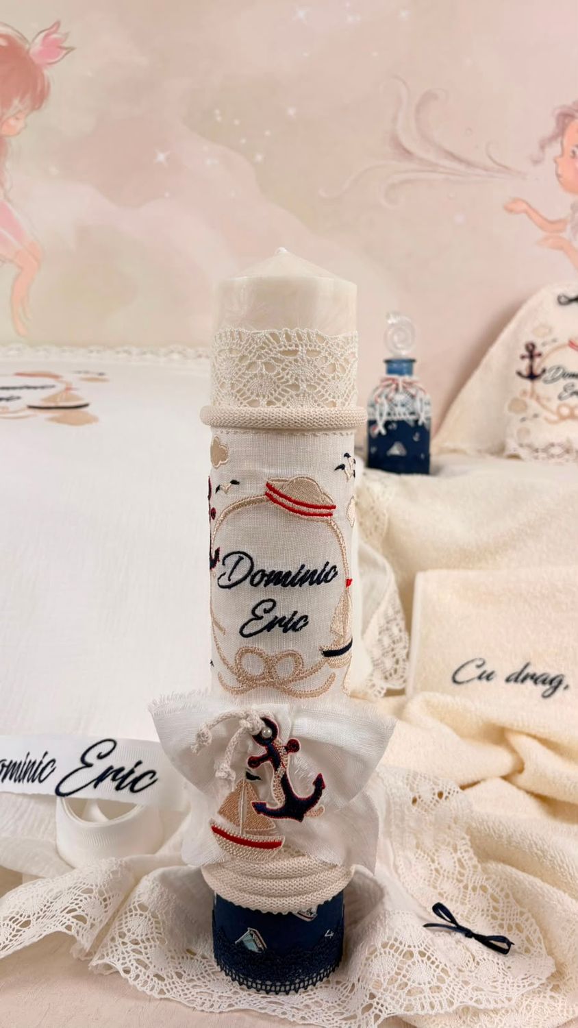 Trusou Botez Personalizat Muselina Micul Marinar - Set Biserica