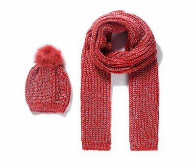 Red Knitted Scarf & Bobble Hat Set