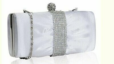 White Satin Diamante Crystal Clutch Bag Bride Wedding Prom