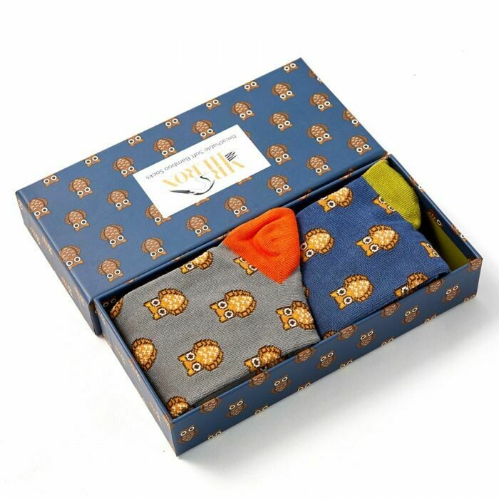 MR HERON  Owl Socks  Breathable Soft Bamboo Mens 2 Pairs In Gift Box
