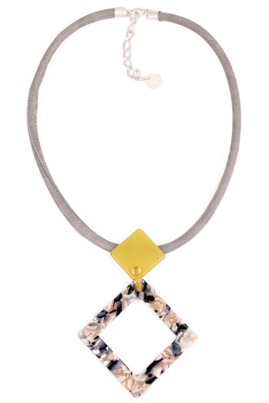 Yellow Resin Square Pendant on a Grey faux leather by Zelly