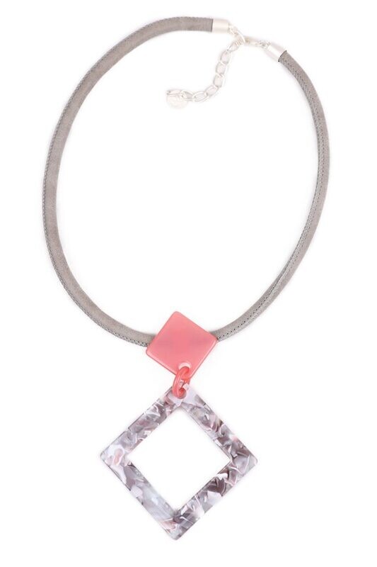 Pink  Resin Square Pendant on a Grey faux leather by Zelly