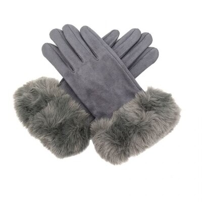 MISS SPARROW Grey Gloves Soft Faux Suede With Faux Fur Trim Sale