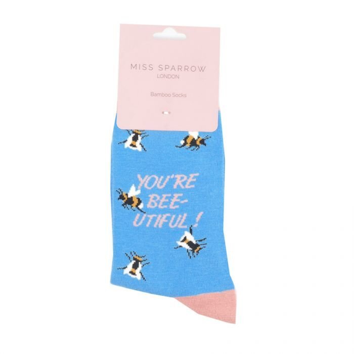 MISS SPARROW SOCKS You are Bee-utiful Print Soft Bamboo Sky Blue Socks SALE