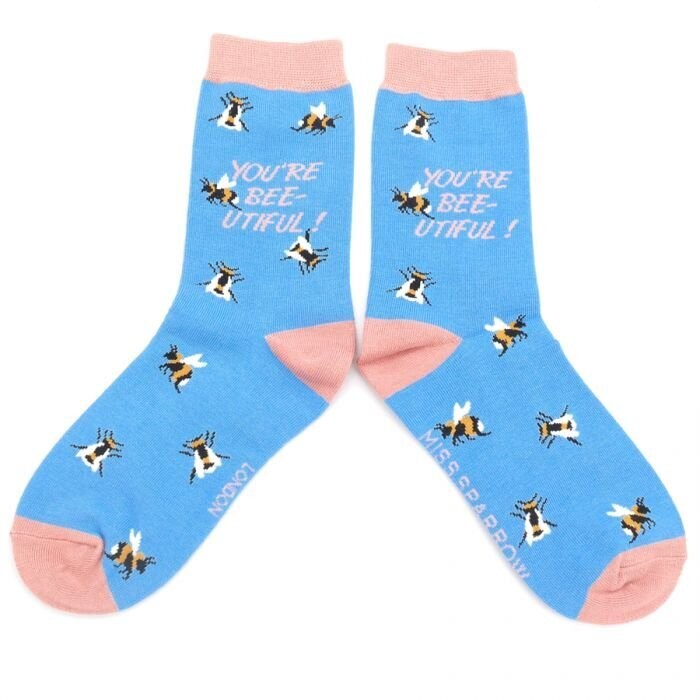 MISS SPARROW SOCKS You are Bee-utiful Print Soft Bamboo Sky Blue Socks SALE