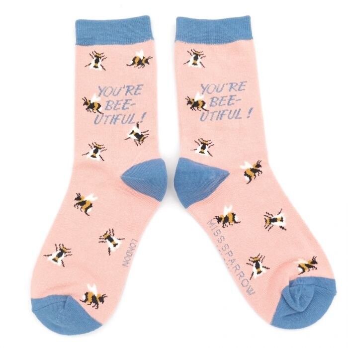 MISS SPARROW SOCKS You are Bee-utiful Print Soft Bamboo Dusty Pink SALE