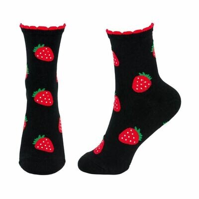 JOE COOL Socks Soft Cotton Mix Black Red Strawberries Print