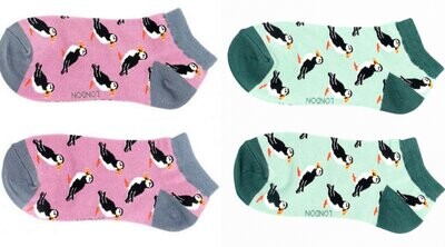 MISS SPARROW Socks Mint Green & Mauve Puffin Soft Bamboo Trainer Liners SALE