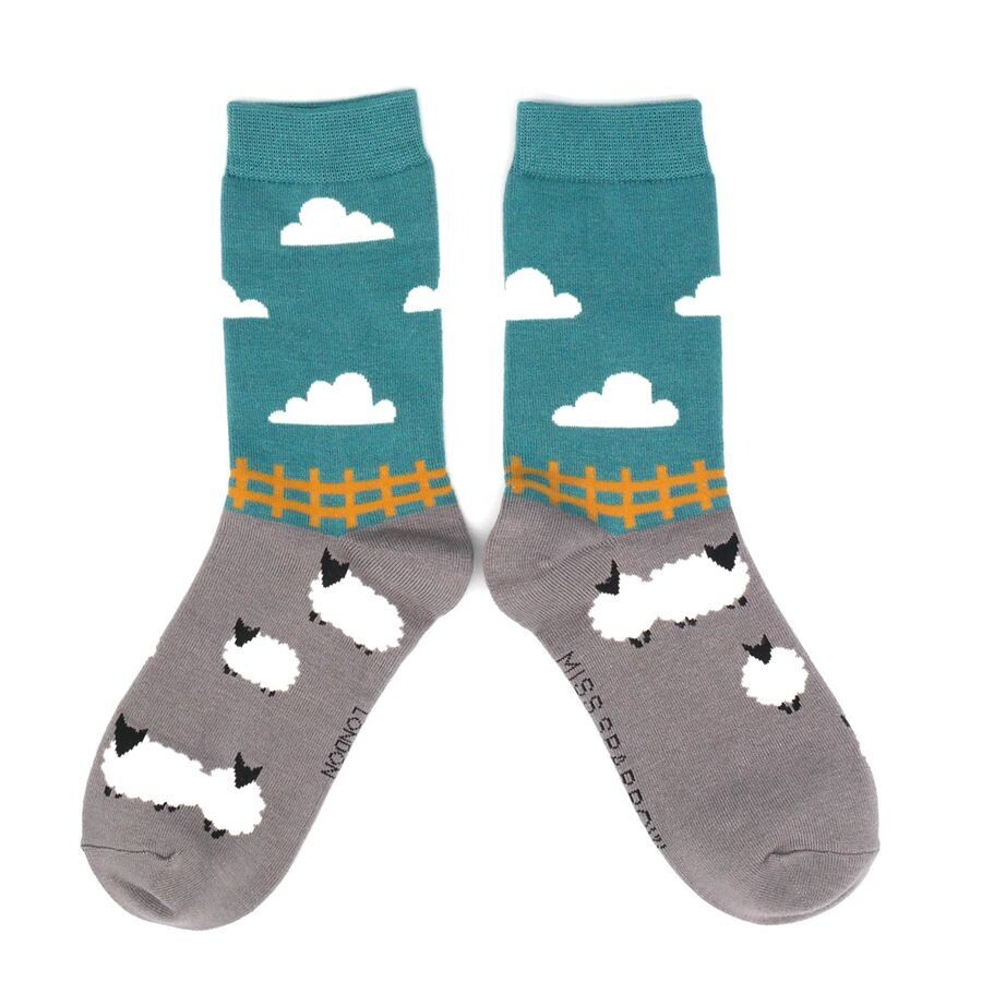 MISS SPARROW Socks Sheeps Meadow Teal Grey Soft Breathable Bamboo Mix