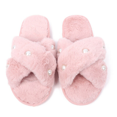 Zelly Pink Fluffy Beaded Slider Slippers Open Toe 6 To 7