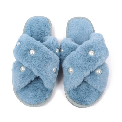 Zelly Blue Soft Fluffy Beaded Slider Slippers Open Toe 6 To 7