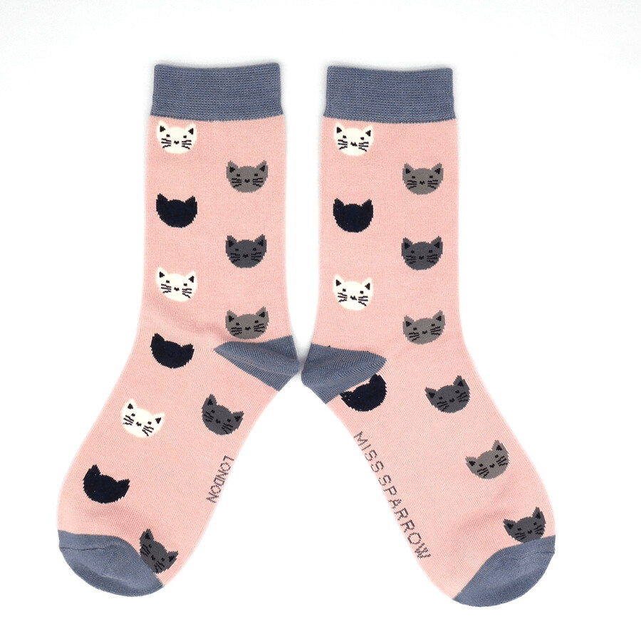 MISS SPARROW Pink Cat Face Socks Soft Breathable Bamboo SALE