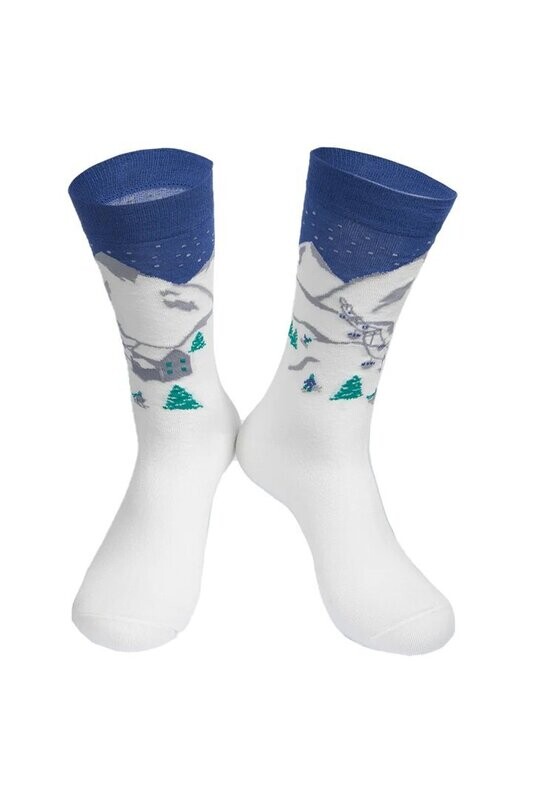 2 Pairs Snowy Mountains Socks Men's White Navy Blue Soft Bamboo Mix