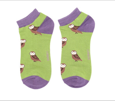 Cute Owl Trainer Socks Green No Show Bamboo Super Soft MISS SPARROW