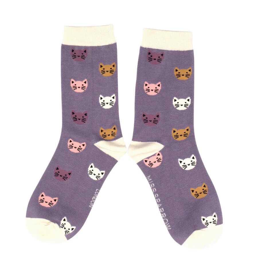 MISS SPARROW Lilac Cat Face Socks Soft Breathable Bamboo SALE