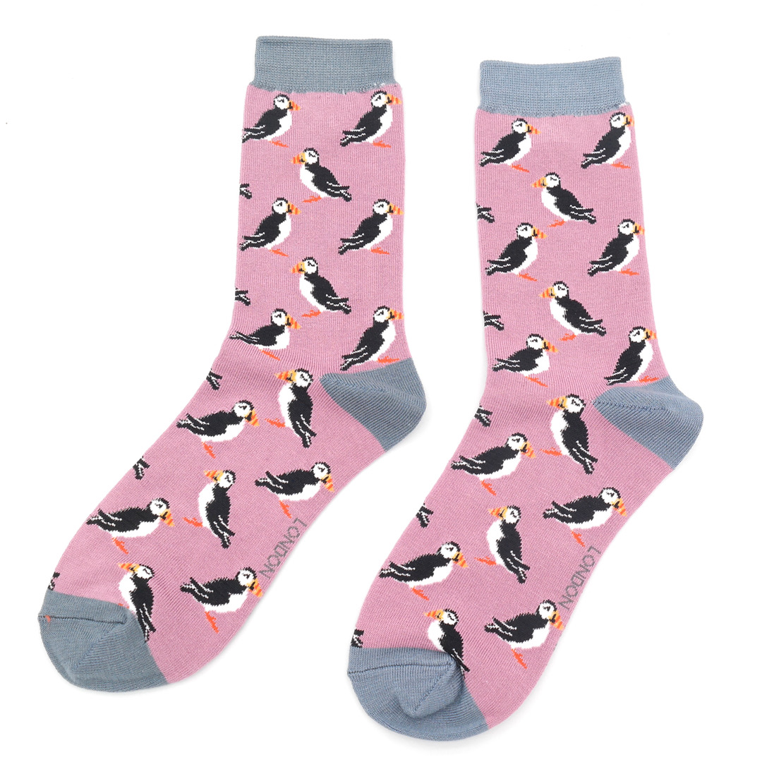 MISS SPARROW Socks Puffin Print Soft Bamboo Mix Mauve SALE