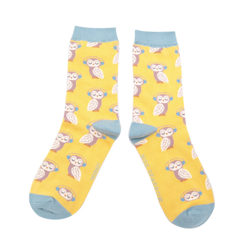 MISS SPARROW Funky Owls Socks Lemon Bamboo Blend Sale