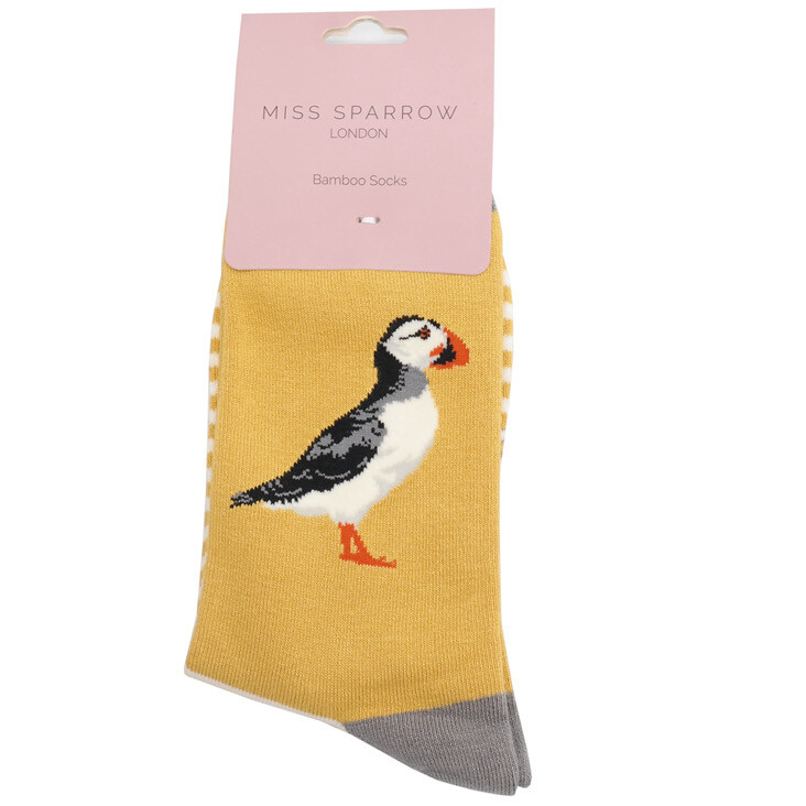 MISS SPARROW Socks Puffin Print Soft Bamboo Yellow One Size