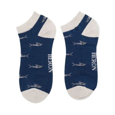 MR HERON Mens Trainer Socks Little Sharks Navy Soft Breathable Bamboo Mix