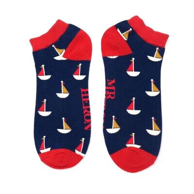 MR HERON Mens Trainer Socks Little Boats Navy Soft Breathable Bamboo Mix