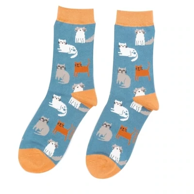 MISS SPARROW Kitten Cat Denim Blue Socks Super Soft Bamboo