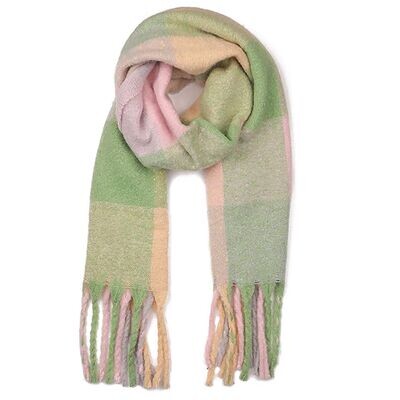 Zelly Womens Checked Winter Scarf Soft Cozy Green Mixed Colours With Tassles