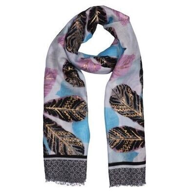 Zelly Leaf Print Scarf Lightweight Mixed Colours Lilac Black 180 x 70 cm
