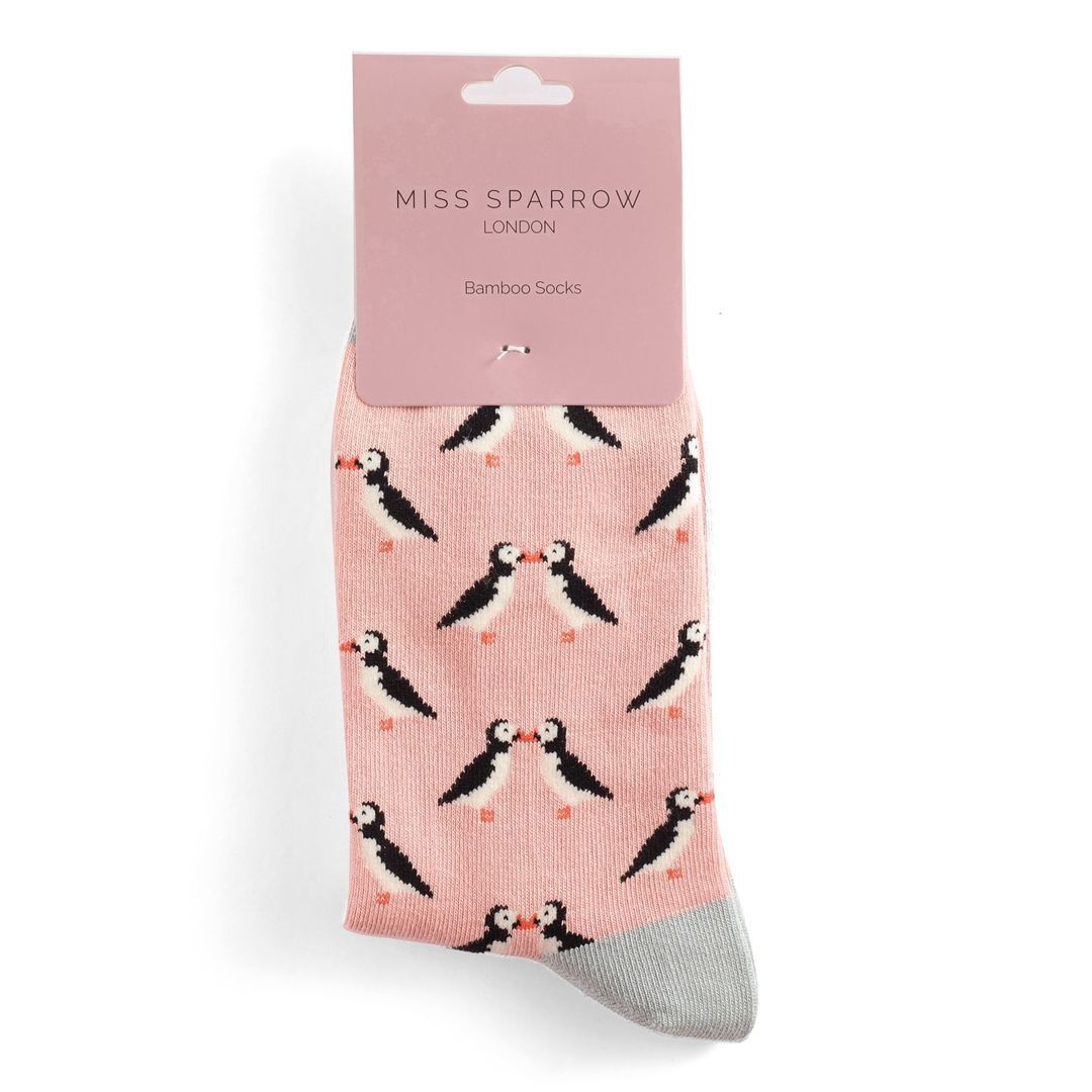 MISS SPARROW Kissing Puffins Socks Pink  Super Soft Breathable Bamboo Blend