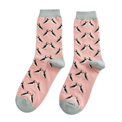 MISS SPARROW Kissing Puffins Socks Pink Super Soft Breathable Bamboo Blend