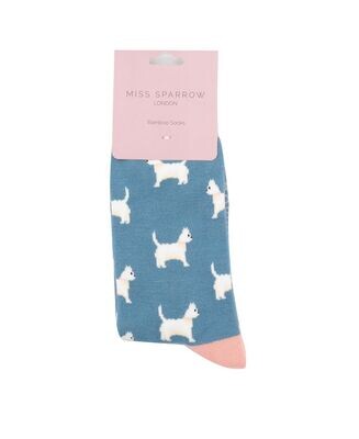 MISS SPARROW Scottie Dog Socks Denim Blue Super Soft Breathable Bamboo Blend